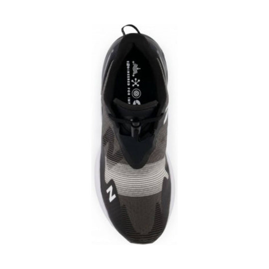 Top view of a black running shoe with patterned mesh upper, white side logo, and visible insole text.