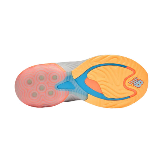 Running shoe outsole with orange and pink rubber pods, blue midfoot section, and New Balance logo