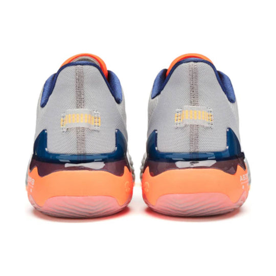 Rear view of gray mesh running shoes with blue trim, orange heels, and translucent pink outsoles