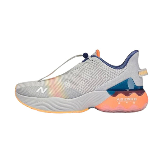 Light gray running shoe with white mesh upper, blue heel accents, and orange-pink cushioned sole