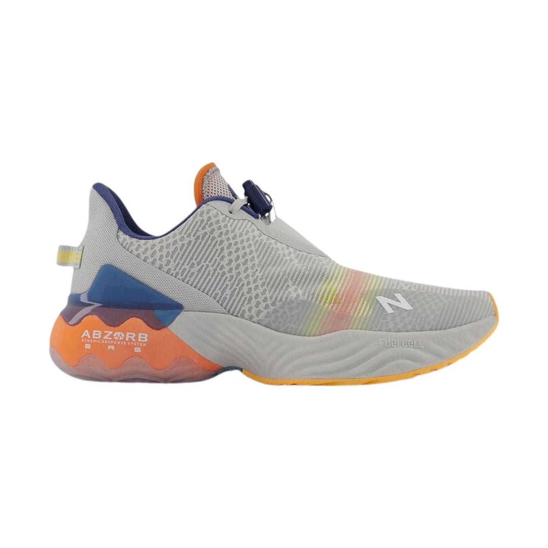 Light gray running shoe with blue and orange accents, side view, with visible ABZORB and FuelCell text