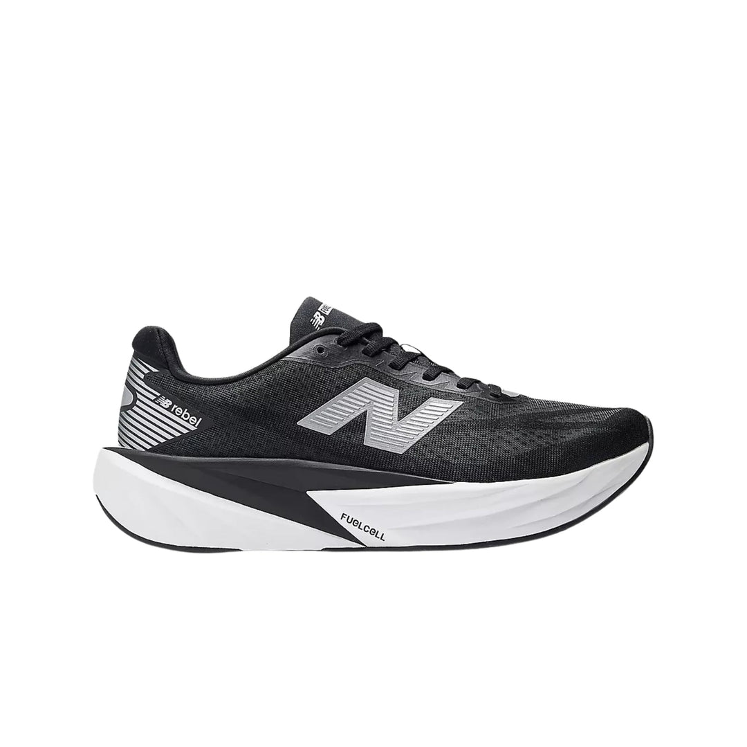 Black running shoe with a thick white and black cushioned sole, silver side logo, and visible laces