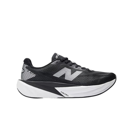 Black running shoe with a thick white and black cushioned sole, silver side logo, and visible laces