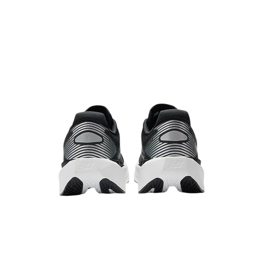 Black running shoes shown from the back with white midsoles and striped heel panels