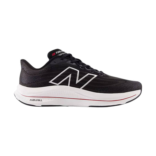 Black low-top athletic walking shoe with white midsole, large side logo, and FuelCell branding