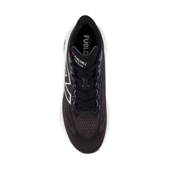 Black running shoe with white midsole, laced upper, and FuelCell branding