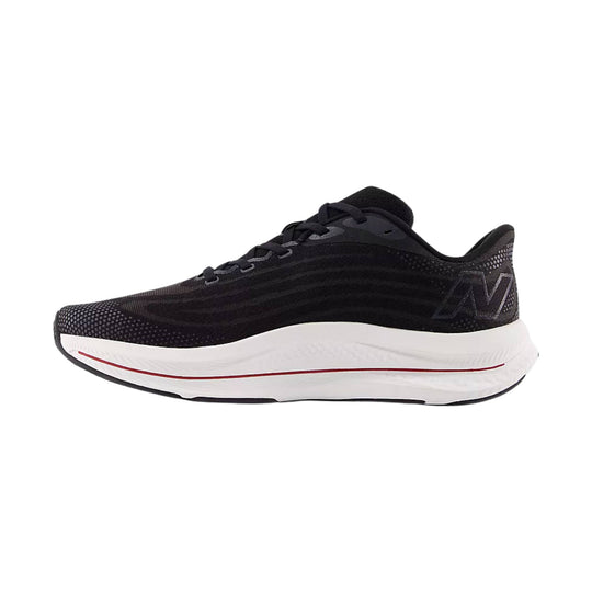 Black running shoe with a white foam sole and red accent line, shown in side view