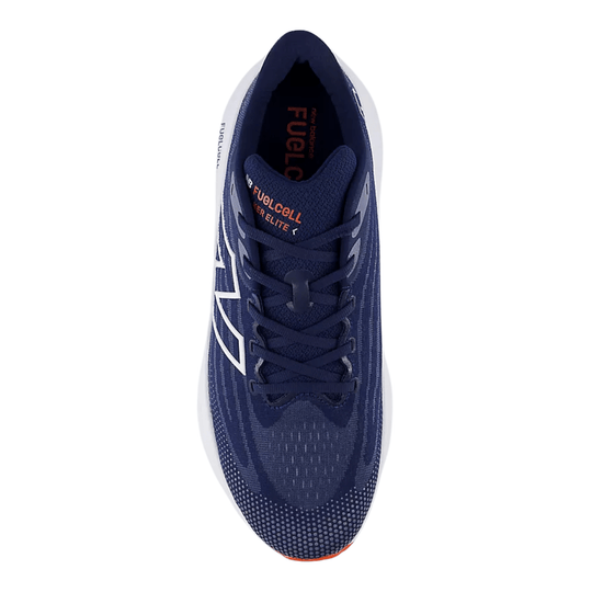 Top view of a navy running shoe with white side branding and orange heel accent