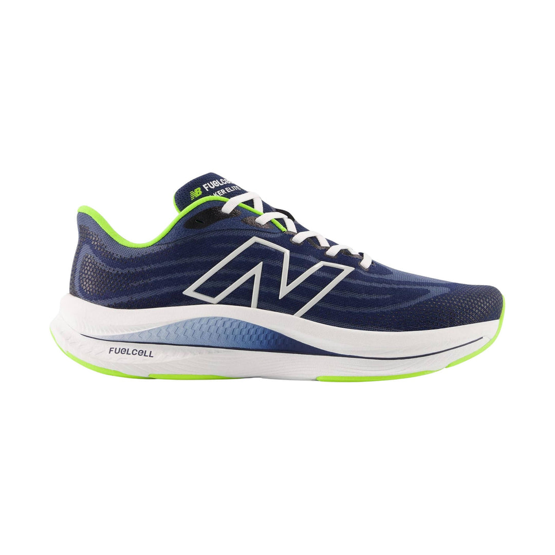 Navy running shoe with white laces, large side logo, and neon green trim
