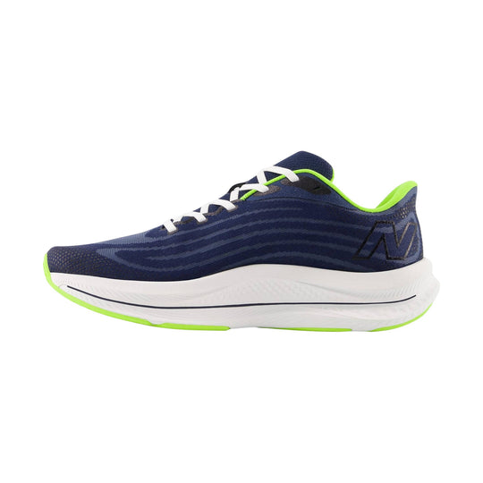 Blue and neon green athletic walking shoe with white laces and a thick white sole