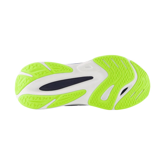 White shoe sole with neon green tread and black cutout detail, shown from below