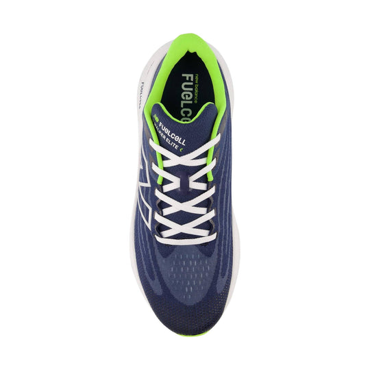Top view of a navy running shoe with white laces, neon green collar trim, and visible FuelCell branding