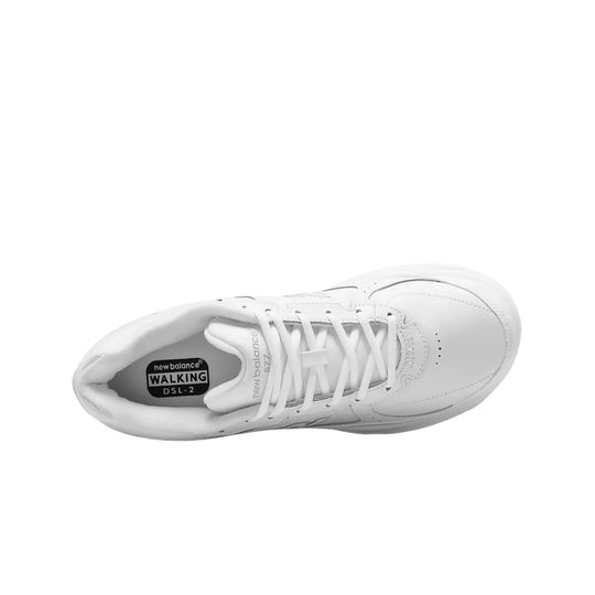White lace-up walking shoe viewed from above with cushioned collar and visible insole text