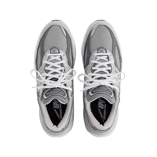 Gray athletic sneakers shown from above with white laces and visible New Balance branding