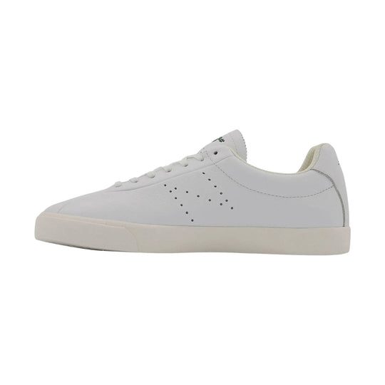 White low-top leather sneaker with perforated side details and a thick off-white sole, side view