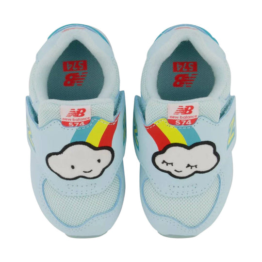 Light blue toddler sneakers with rainbow side stripes and cloud graphics