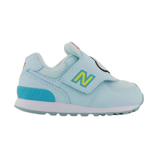 Light blue toddler sneaker with velcro strap, mesh panels, and teal heel accent