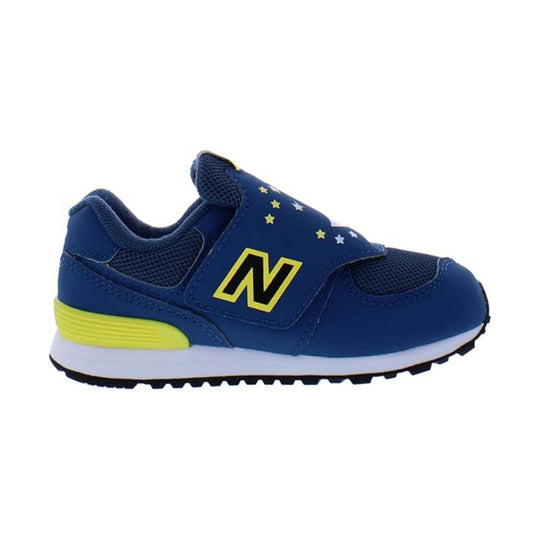 Blue toddler sneaker with yellow hook-and-loop strap, star accents, and white midsole