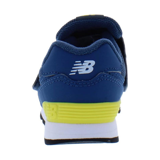 Blue toddler sneaker with white New Balance logo, yellow heel, and white midsole, rear view