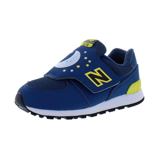 Navy toddler sneaker with a moon and stars graphic, yellow logo, and hook-and-loop strap