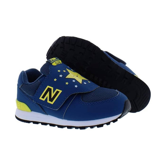 Blue toddler sneaker with yellow star graphic, velcro strap, and black outsole, shown with one shoe stacked behind the other