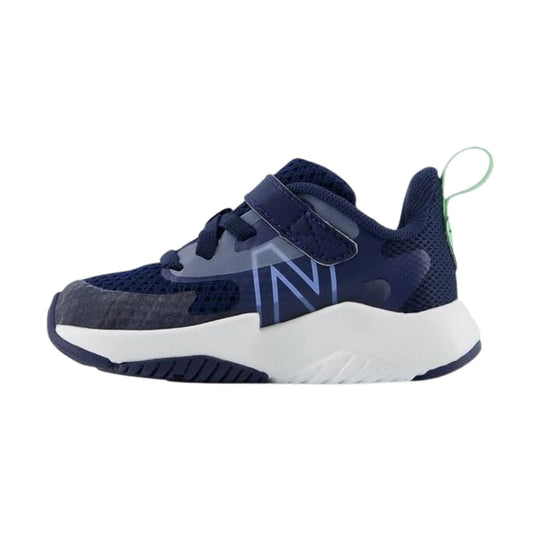 Navy toddler sneaker with bungee laces, top strap, and white chunky sole