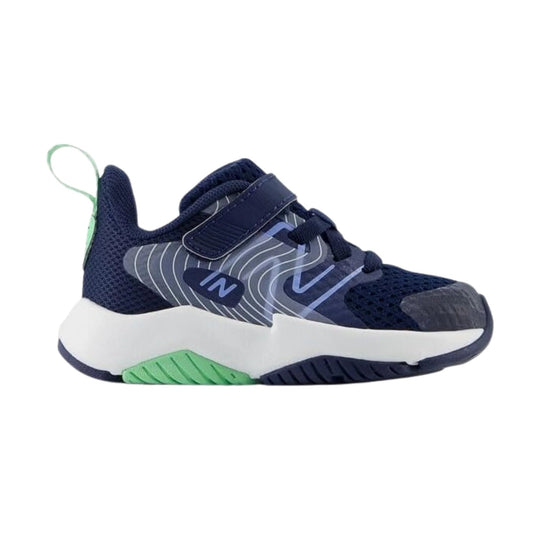 Navy toddler sneaker with bungee laces, top strap, and green accents