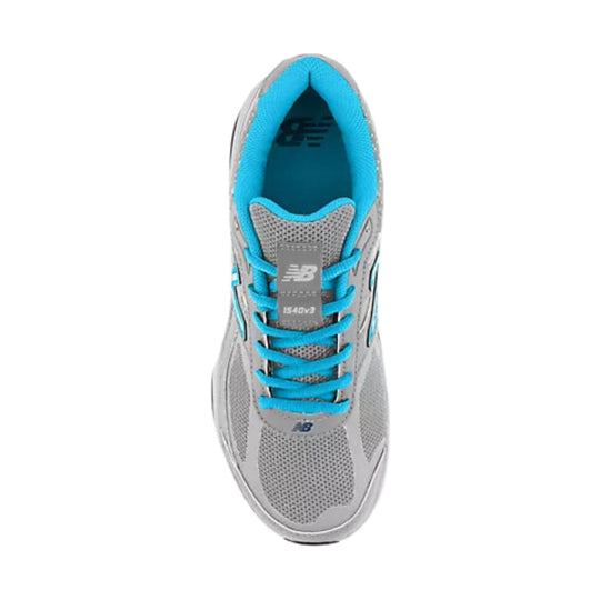 Gray running shoe with bright blue laces and lining, shown from above