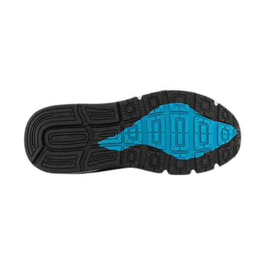 Black running shoe outsole with a bright blue midfoot insert and deep tread pattern