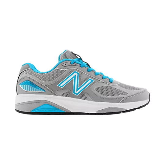 Gray running shoe with bright blue laces, side logo, and white midsole