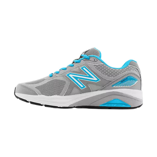 Gray athletic running shoe with blue accents and white midsole, side view
