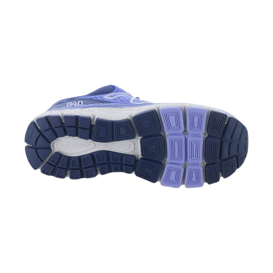 Blue athletic shoe sole with segmented navy and lavender tread