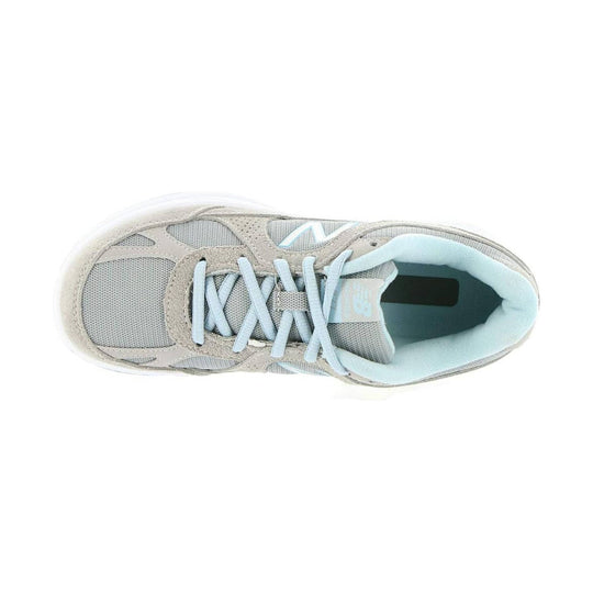 Light gray walking shoe with pale blue laces and padded collar, shown from above