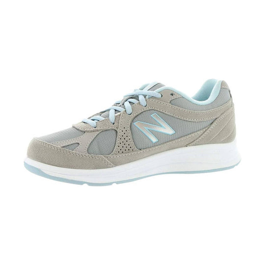 Gray and light blue walking shoe with mesh panels, suede overlays, and lace-up closure
