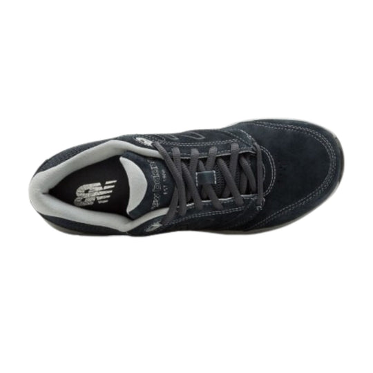 Dark lace-up walking shoe with light gray collar padding and white stitching, shown from above