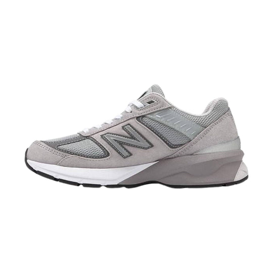 Gray and white athletic sneaker with mesh panels, suede overlays, and a black outsole