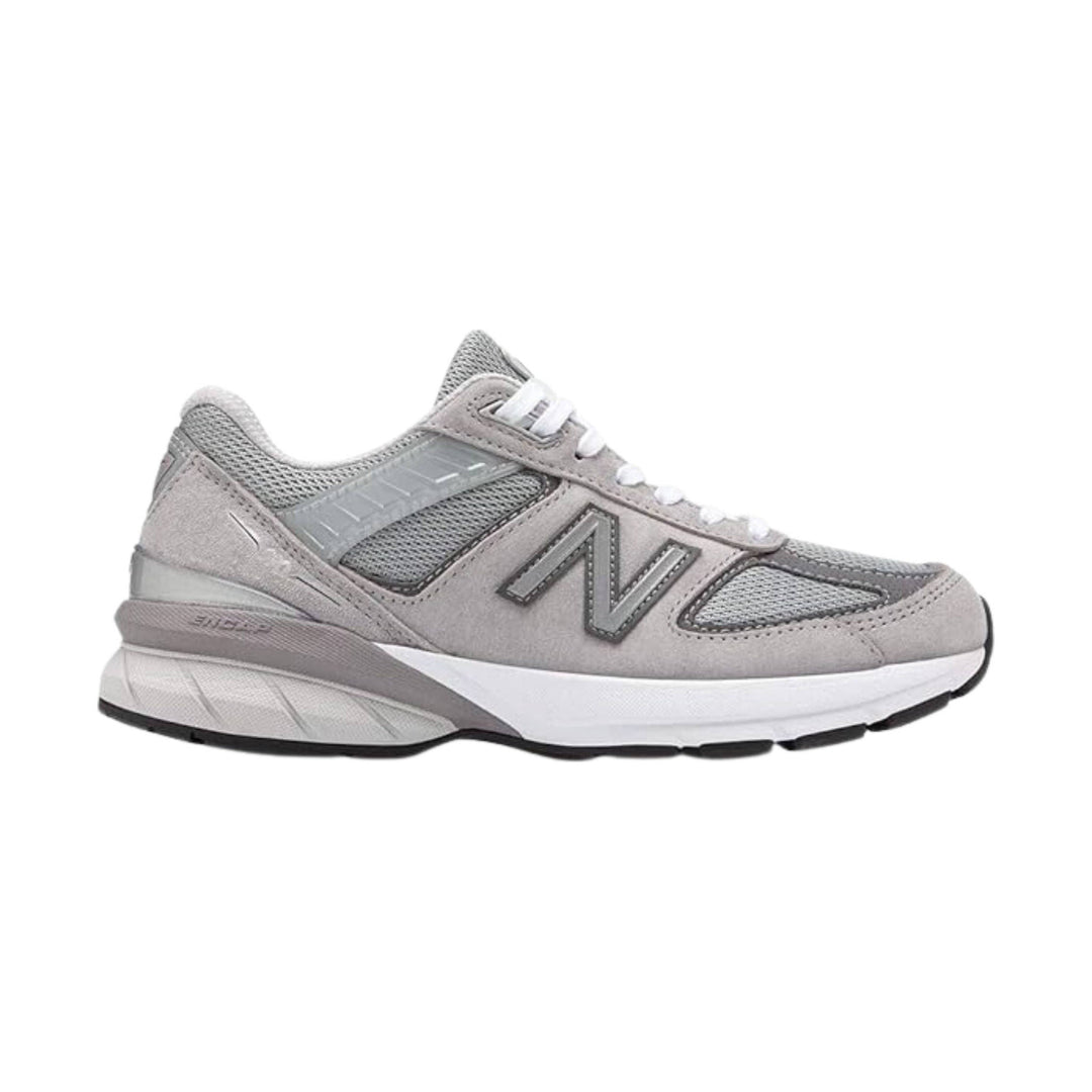 Gray suede and mesh running sneaker with white laces, side logo, and thick white midsole