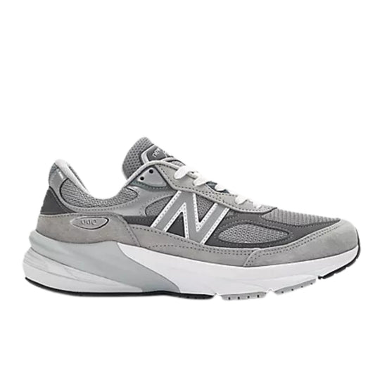 Gray and white running shoe with mesh panels, white laces, and a thick cushioned sole