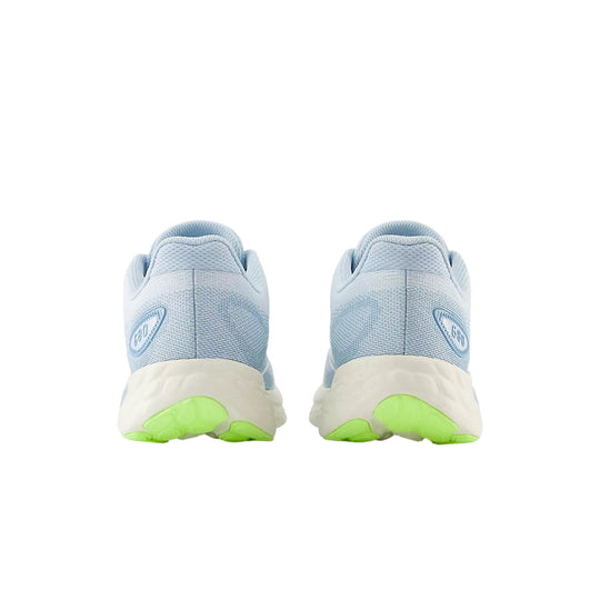 Rear view of light blue running shoes with white midsoles and neon green outsoles