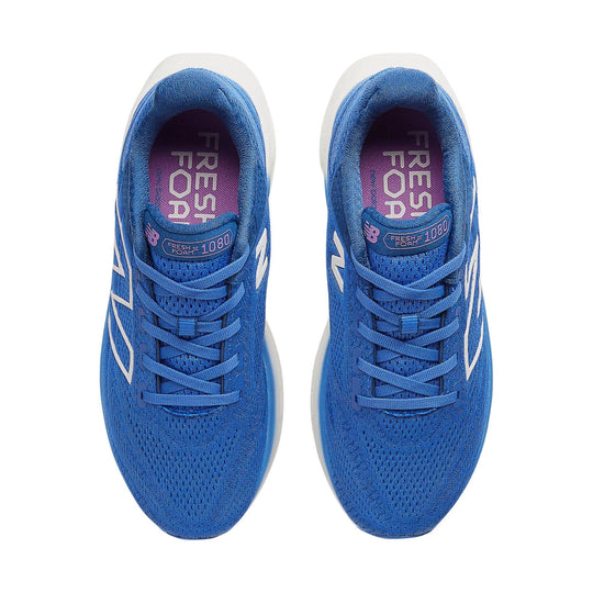 Blue running shoes shown from above with purple insoles, white side logos, and lace-up uppers