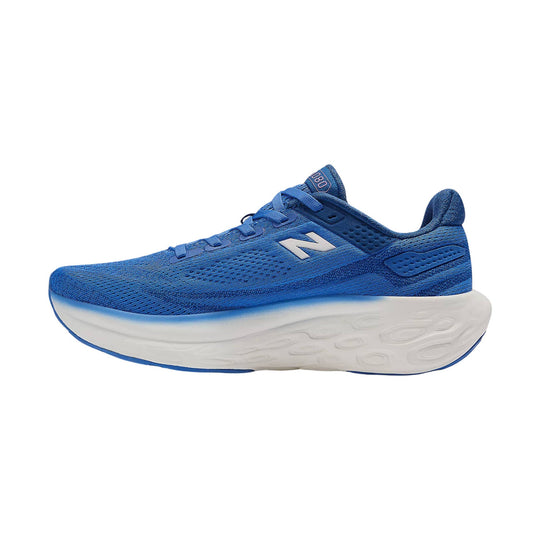Blue running shoe with white cushioned sole, side view