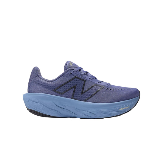 Lavender running shoe with a thick blue cushioned sole and black side logo