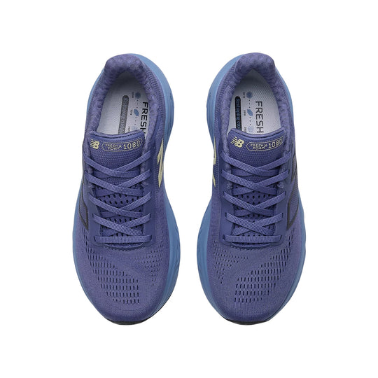Pair of blue-purple running shoes with mesh uppers and visible laces, top view