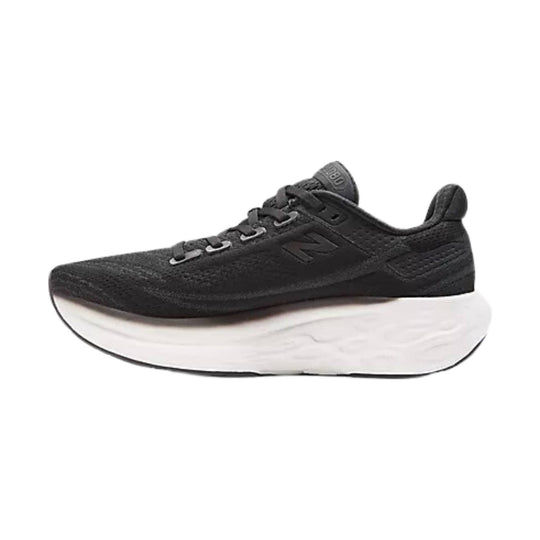 Black athletic running shoe with a thick white cushioned sole, side logo, and mesh upper