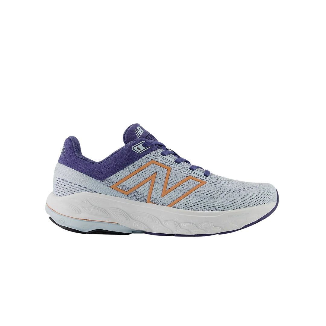 Light gray and purple running shoe with orange side logo, mesh upper, and thick cushioned sole