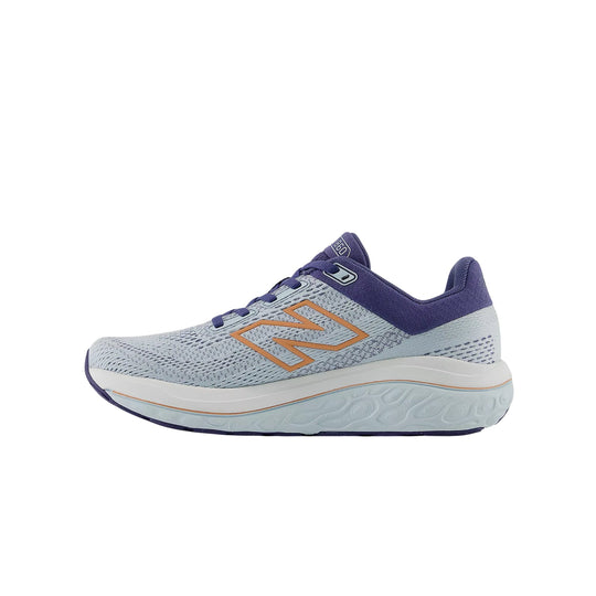 Light gray and purple running shoe with an orange side logo and white foam sole.