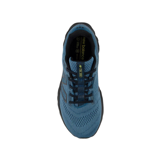 Blue running shoe with black laces and sole, top view