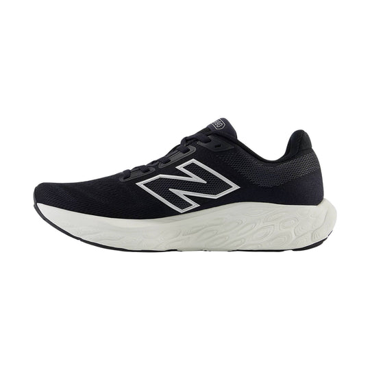 Black running shoe with a white cushioned sole and silver side logo