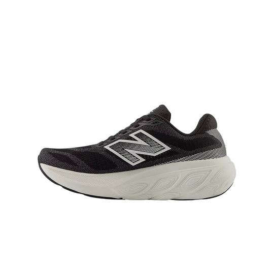 Black and white running shoe with a thick cushioned sole and large side logo