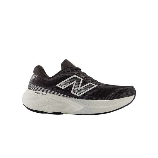 Black running shoe with white midsole and large side logo